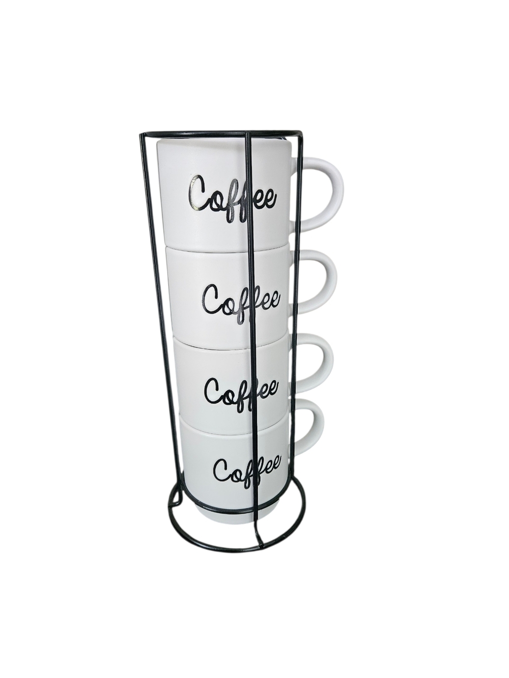 White Coffee Stackable Mugs with Black Wire Stand